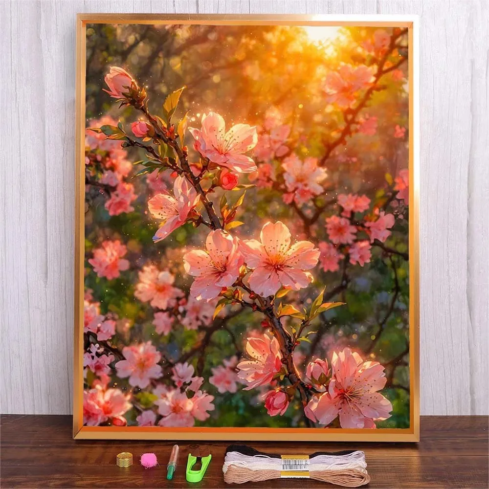 

Flowers Landscape Embroidery Starter Kits Full Printed Canvas For Adults Beginners Floral Cross Stitch Hand DIY Needlework Kit
