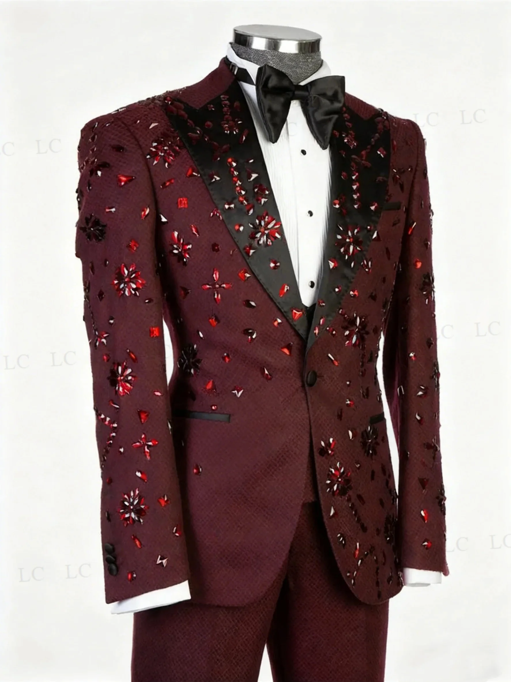 Blazer+Vest+Pants 3 Pieces Men Suits One Button Sheer Lapel Custom Diamonds Beadings Formal Prom Wedding Groom Uniform Tailored