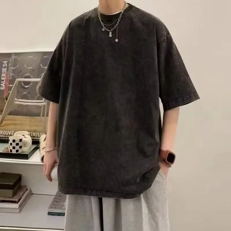 

American Style Retro Heavyweight Solid Color Short Sleeved T-shirt Men Women Summer Street Trendy Washed Old Oversized Clothes