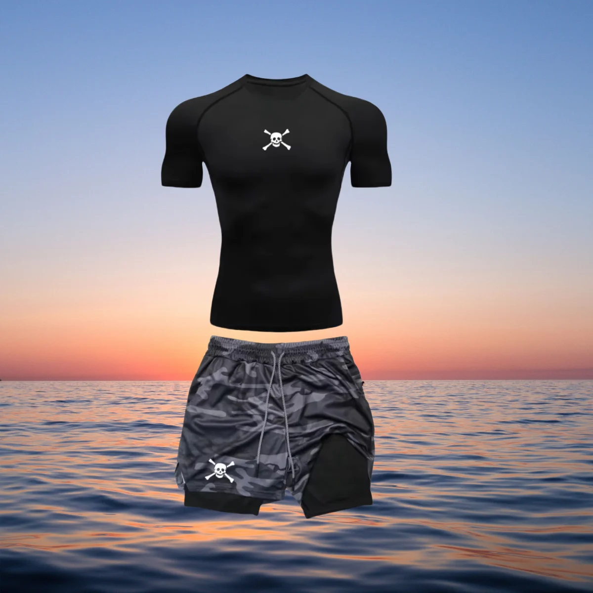 

New Sports Running Sets short sleeved Stretch tights T-shirt+Double Shorts Sports 2 piece sets Printed Gym Training Wear Summer