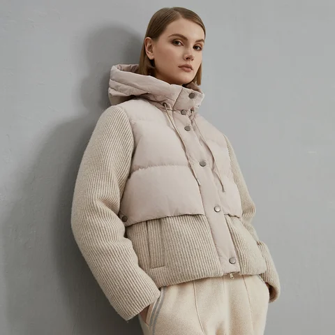 BC800 High Quality Luxury  Wool Patchwork White Goose Down Down Jacket Winter Women's Clothing