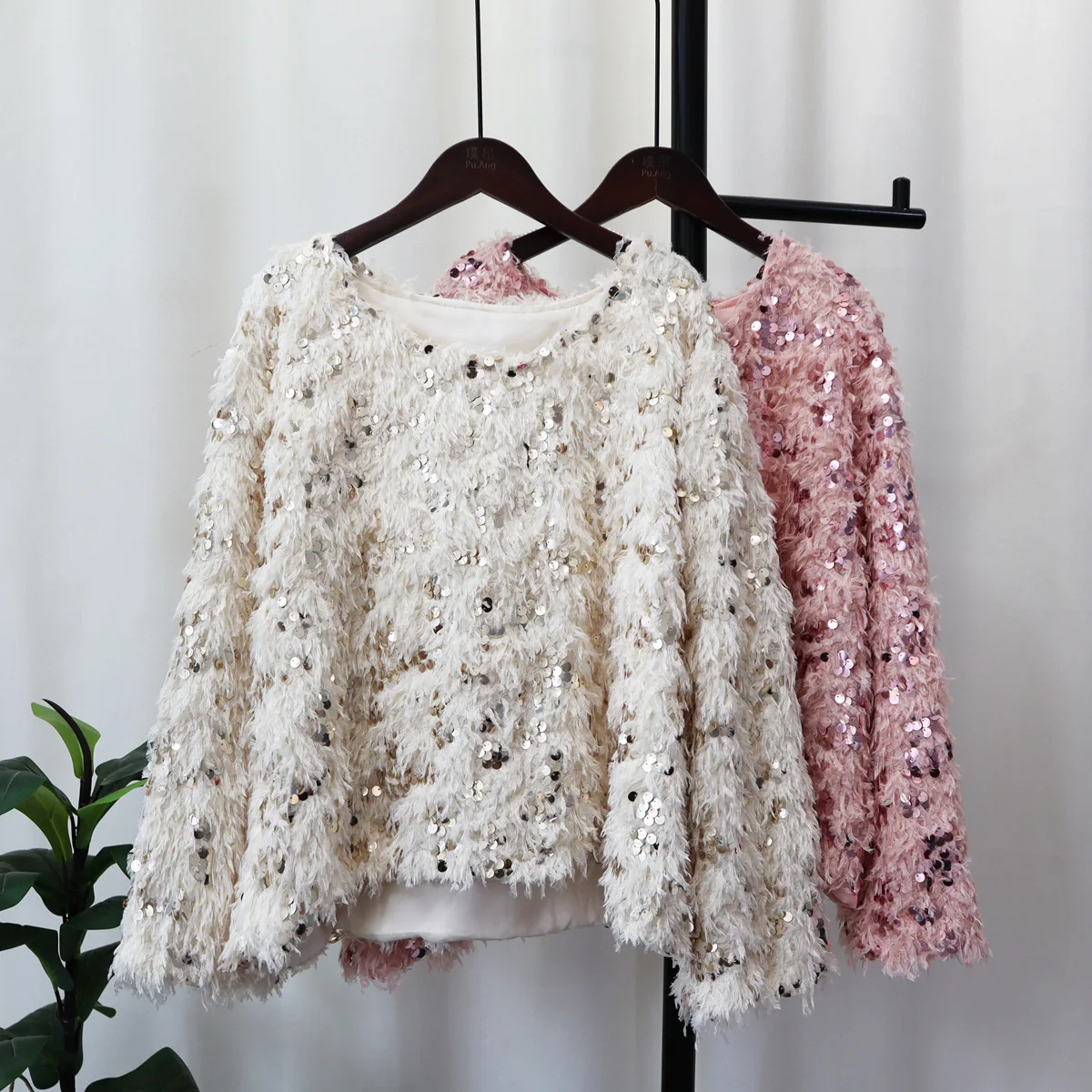 Pink Fur Long Sleeve Fluffy Top Autumn Winter Sequin 2023 Loose Knitted Sweaters Women Spring Tops Elegant Jumpers Knit Pullover