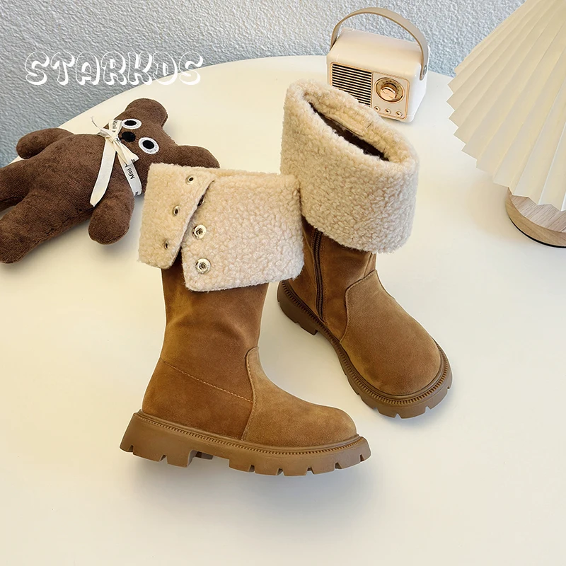 

Luxury Lambswool Knee High Boot Girl Winter Warm Plush Long Bota Kids Shearling Turned-Over Design Side Zipper Flat Bootie Shoes