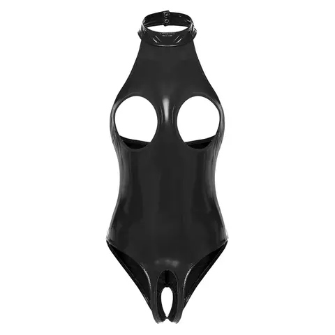 Body en Latex pour femmes, Lingerie découpée en cuir verni, col licou, dos nu, sans entrejambe, coupe ouverte, justaucorps, vêtements de club érotiques