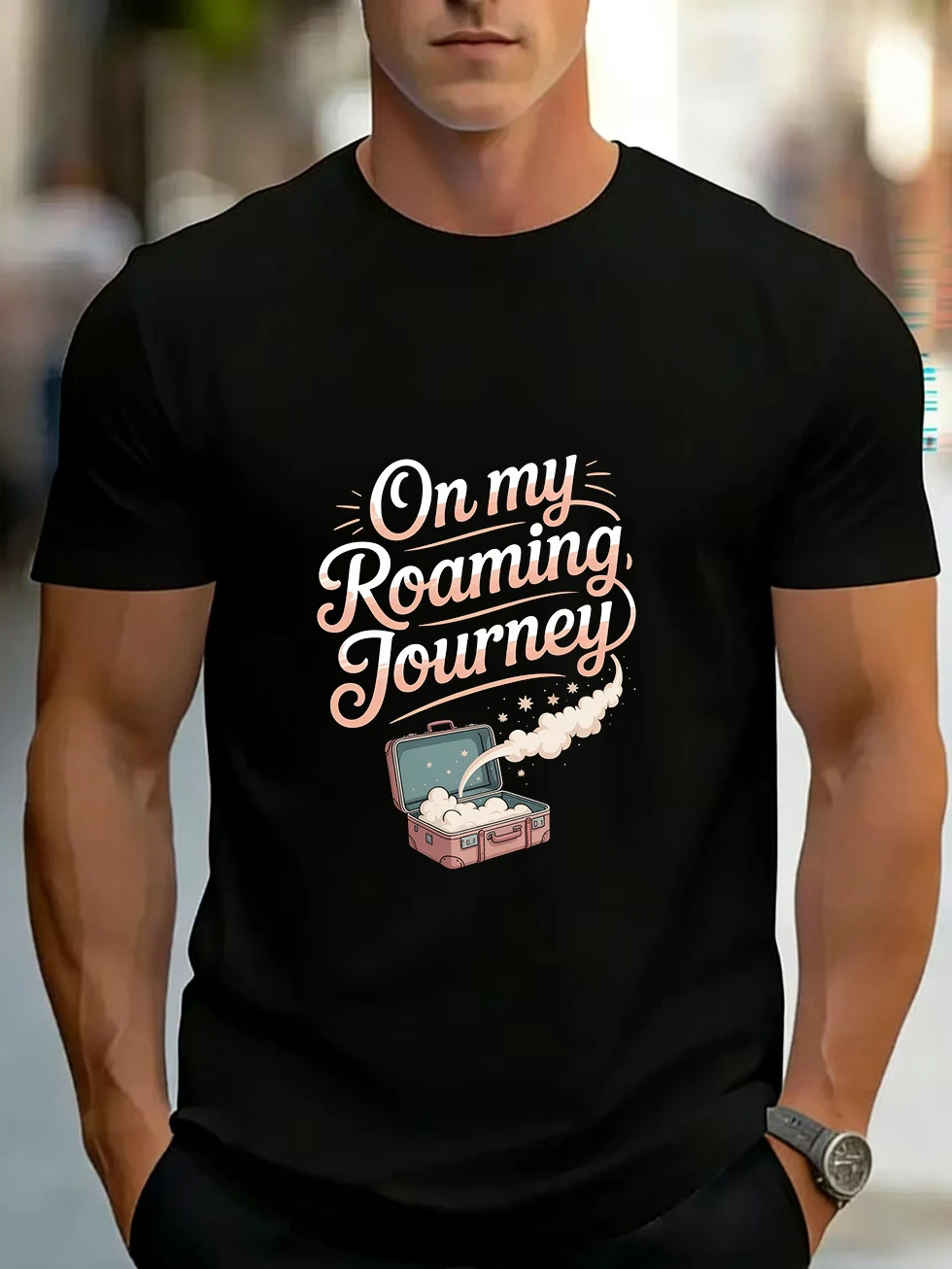 Men's Short-Sleeved T-Shirt with Skull and Cigar Retro Font Travel Theme, Same Style for Men and Women, Pure Cotton