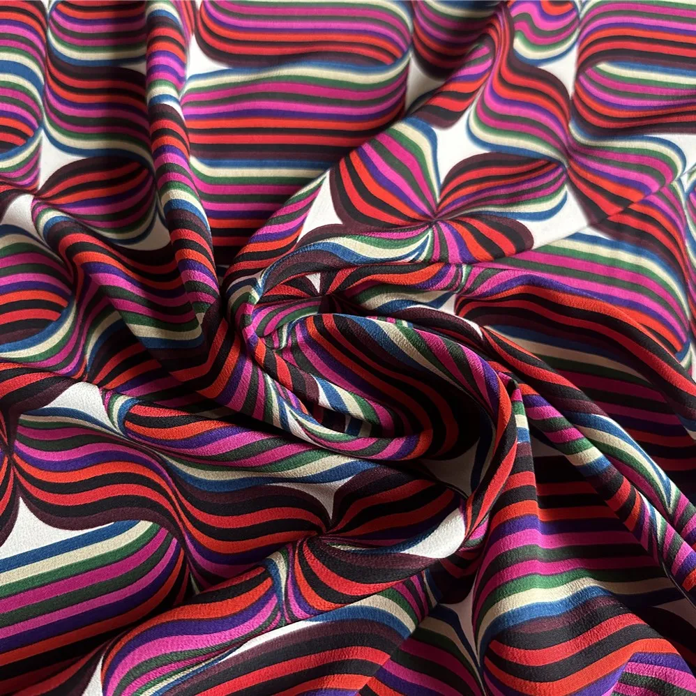 1 meter 100% Mulberry Silk 20 momme Heavy Crepe Silk Fabric Purple Waves Printed 140cm 53