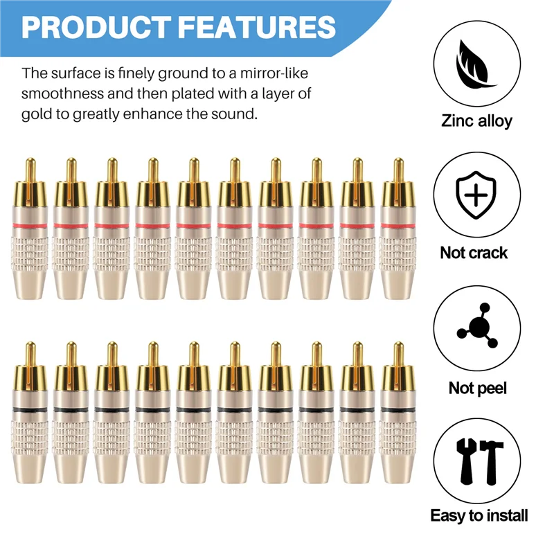 A23E-20 Pcs RCA Plug Audio Video Locking Cable Connector Gold Plated