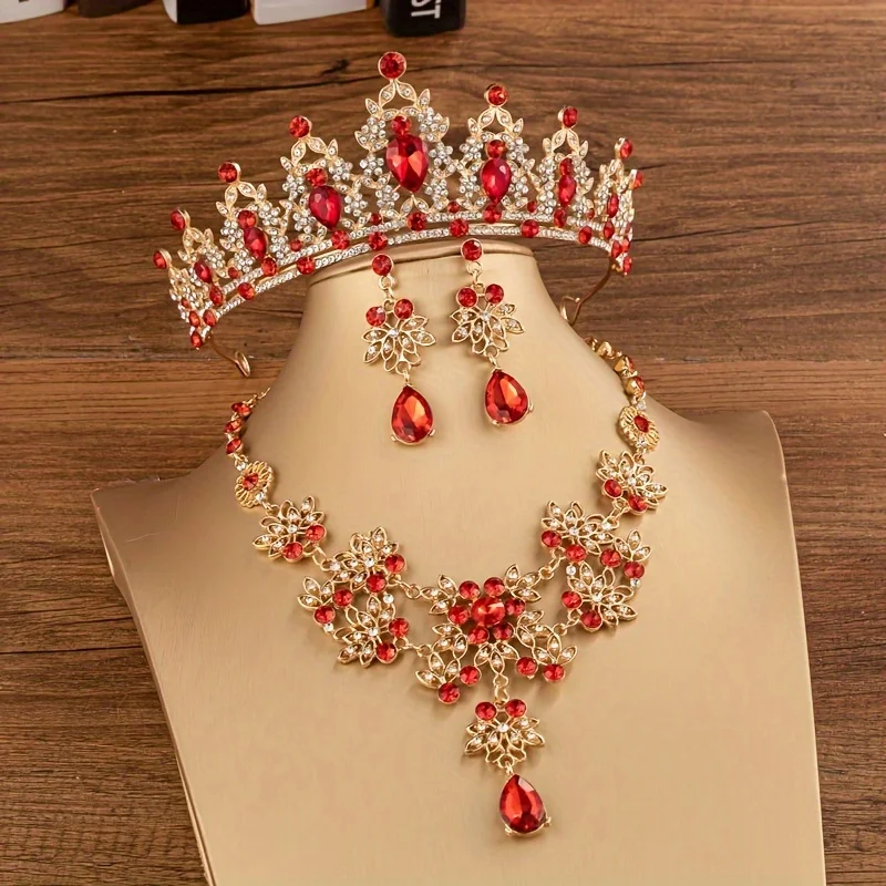 3Pcs Crystal Crown Necklace Earring Set Rhinestone Bridal Jewelry Set Women Bridal Wedding Hair Accessories Jewelry Crown Tiara