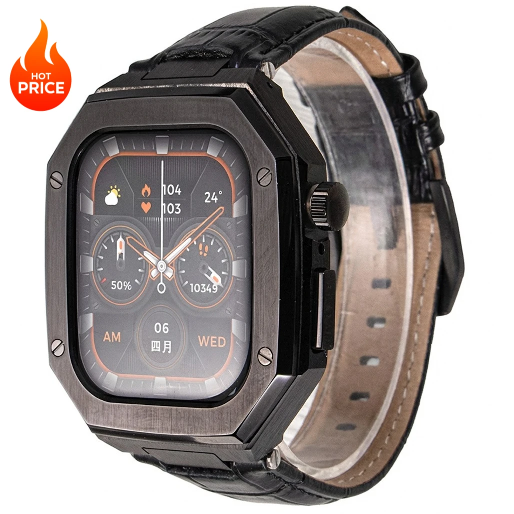 

Роскошный комплект с кожаным ремешком и корпусом из нержавеющей стали для Apple Watch 44 мм, 45 мм, 46 мм, для iWatch Series 11/10/9/8/7/6/5/4/SE/SE3/SE2
