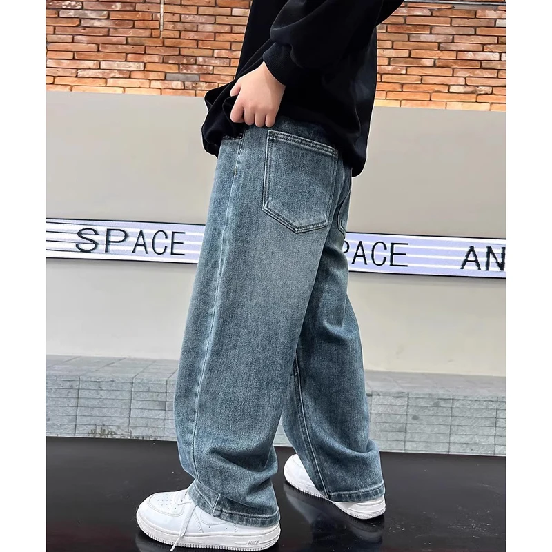 5-14Y Boys Jeans Pants Spring Kids Wide Leg Straight Trousers Autumn Loose-Fit Casual Trousers Children's Trendy Sweatpants image 3