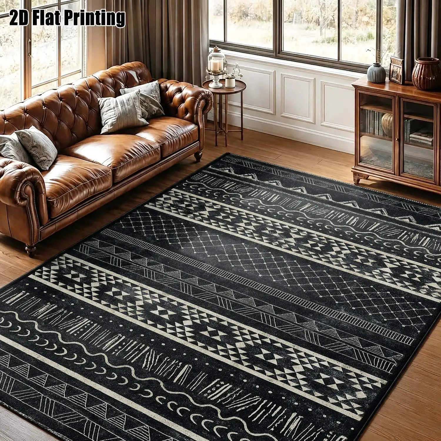 1Pc 2D Printed Black White Geometric Stripe Nordic Modern Minimalist Vintage Instagram Style Carpet Floor Mat, Multi-Size, Machine Washable, for Entrance, Dining Room, Foyer, Living Room, Bedroom, Study Home Decoration
