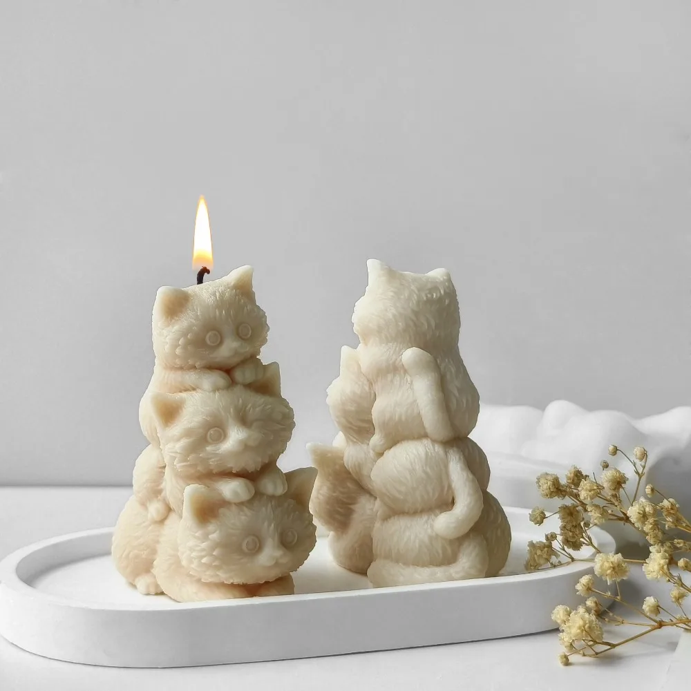 Three Conjoined Cats Silicone Candle Mold DIY Soap Beeswax Mould Gypsum Ornament Aromatherapy Candle Making Tool Handmade Gifts