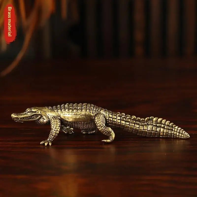 Vintage Copper Crocodile Figurine Feng Shui Wealth Decor Ornament Handcrafted Art Craft for Home Shop Reception Desk Decoration