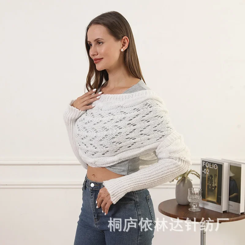 أزياء المرأة وشاح 2025 جديد في الجوف خارج المحاصيل الأعلى تجاهلت شال محبوك الأوشحة الطويلة وشاح متعدد الوظائف مع الأكمام DIY بها بنفسك