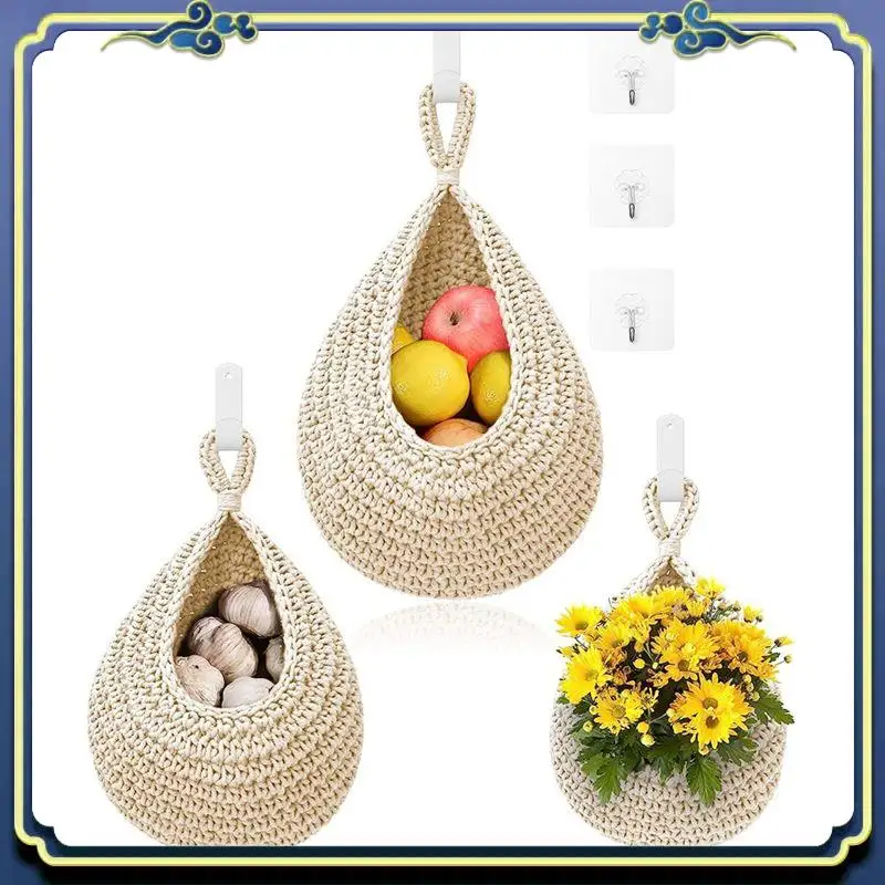 

A56P-Hanging Fruit Baskets For Kitchen - 3Pack Boho Wall Hanging Basket With 6Pcs Hooks For Fruits Vegetable Potato Storage