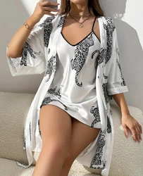 Ropa de dormir de seda de imitación, camisón sexy con tirantes largos y cuello en V, conjunto de dos piezas, ropa de dormir para casa