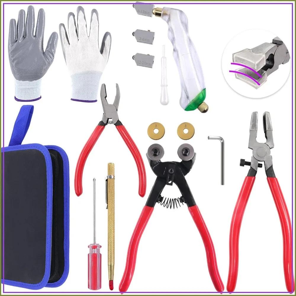 

10Pcs Glass Cutter Tools Kit, Mosaic Wheeled Glass Tile Nippers, Glass Running Pliers, Breaker Grozer Pliers, Tungsten Carbide Tip Scriber, Grip Oil Feed Glass Cutter, Gloves, Zipper Bag