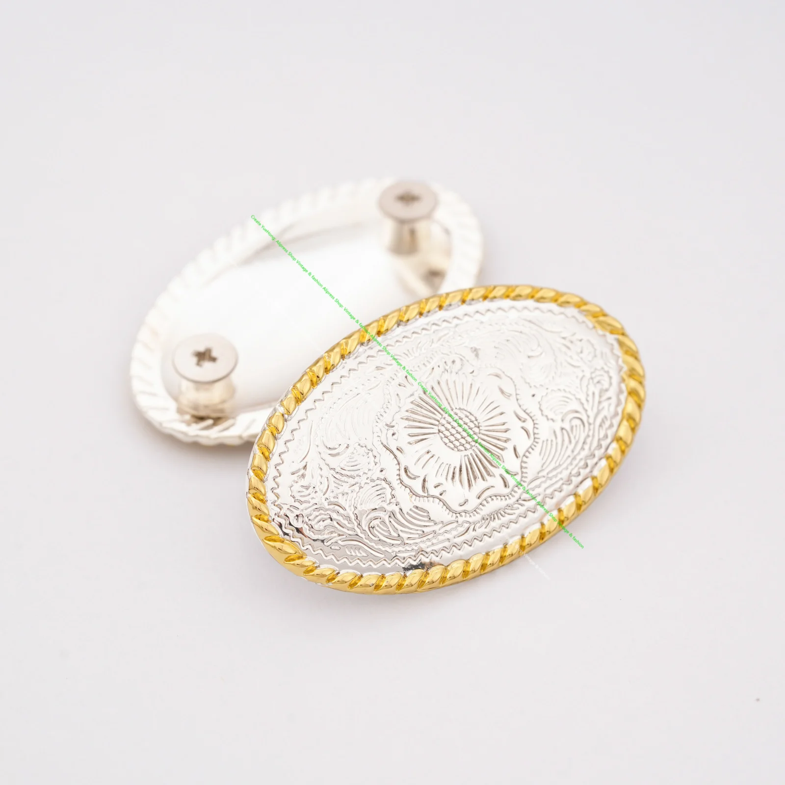 5PC 47X29MM Bling Silver Western Gold Edge Floral Engraved Decor Conchos Screwback