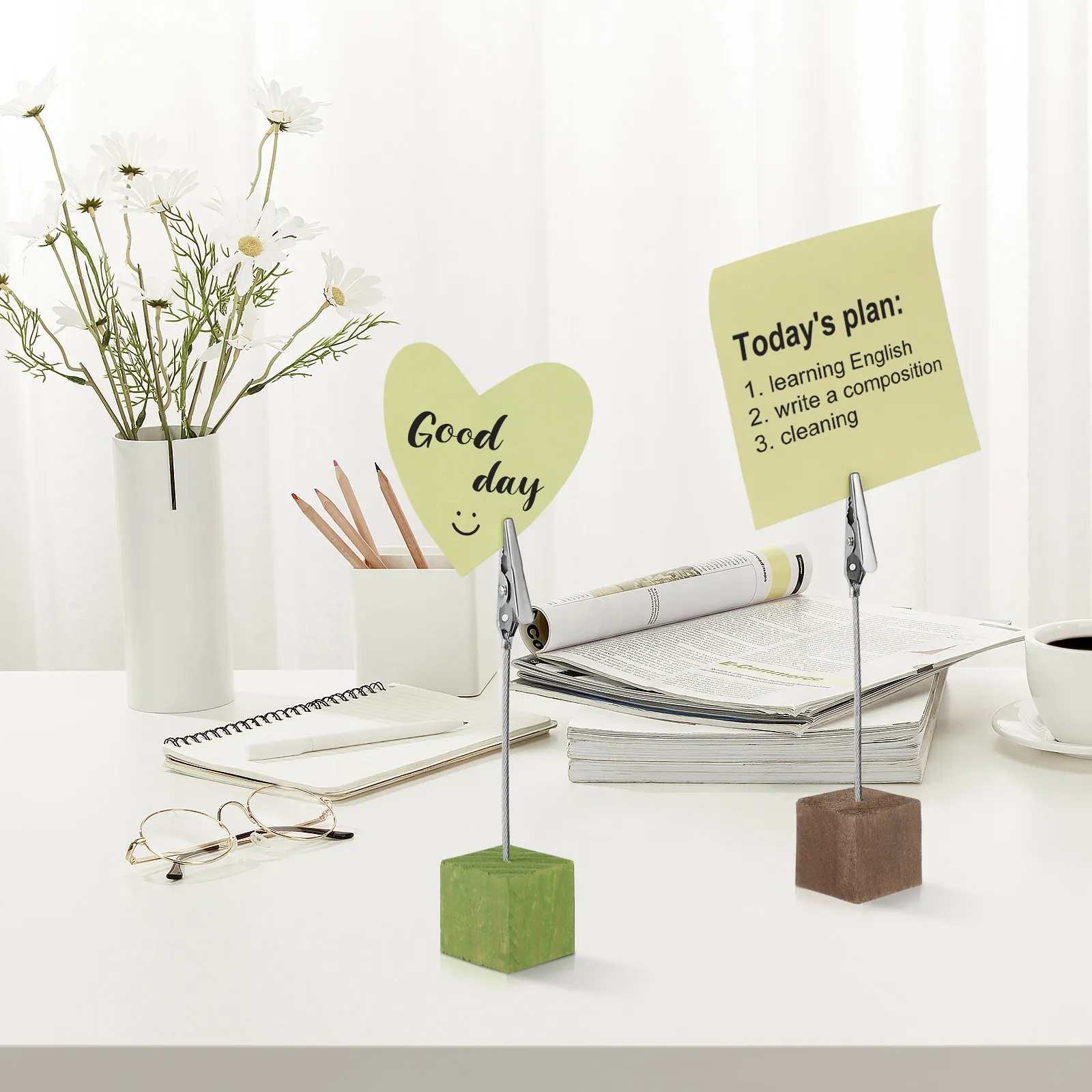 10Pcs Memo Clips Wooden Base Stable Desktop Photo Holders Multipurpose Cube Picture Clips Table Number Card Stands Office Use