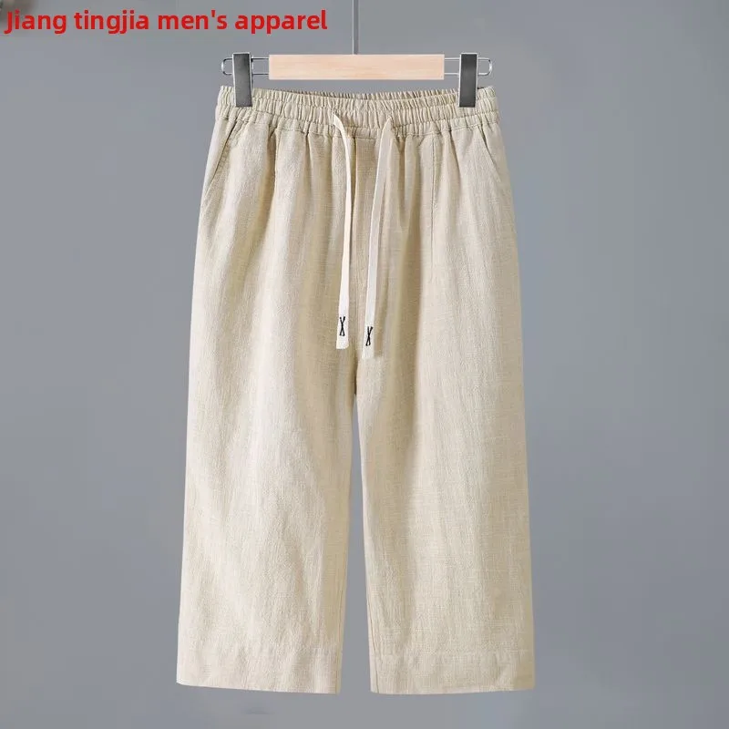 

High-End Pure Color Linen Men's Knee-Length Seven-Foot Pants Summer Breathable Cotton Linen Fabric Middle-Pants Buwheat orts