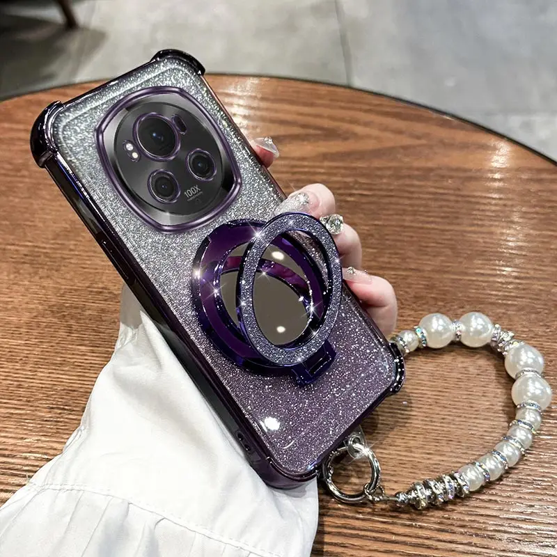 

Magic 6pro dazzling Round Bracket Lanyard Plating Phone Case For Honor Magic 7Pro 6Lite 7 Nova 12 11Pro Mate30 40 Pura 70 Cover