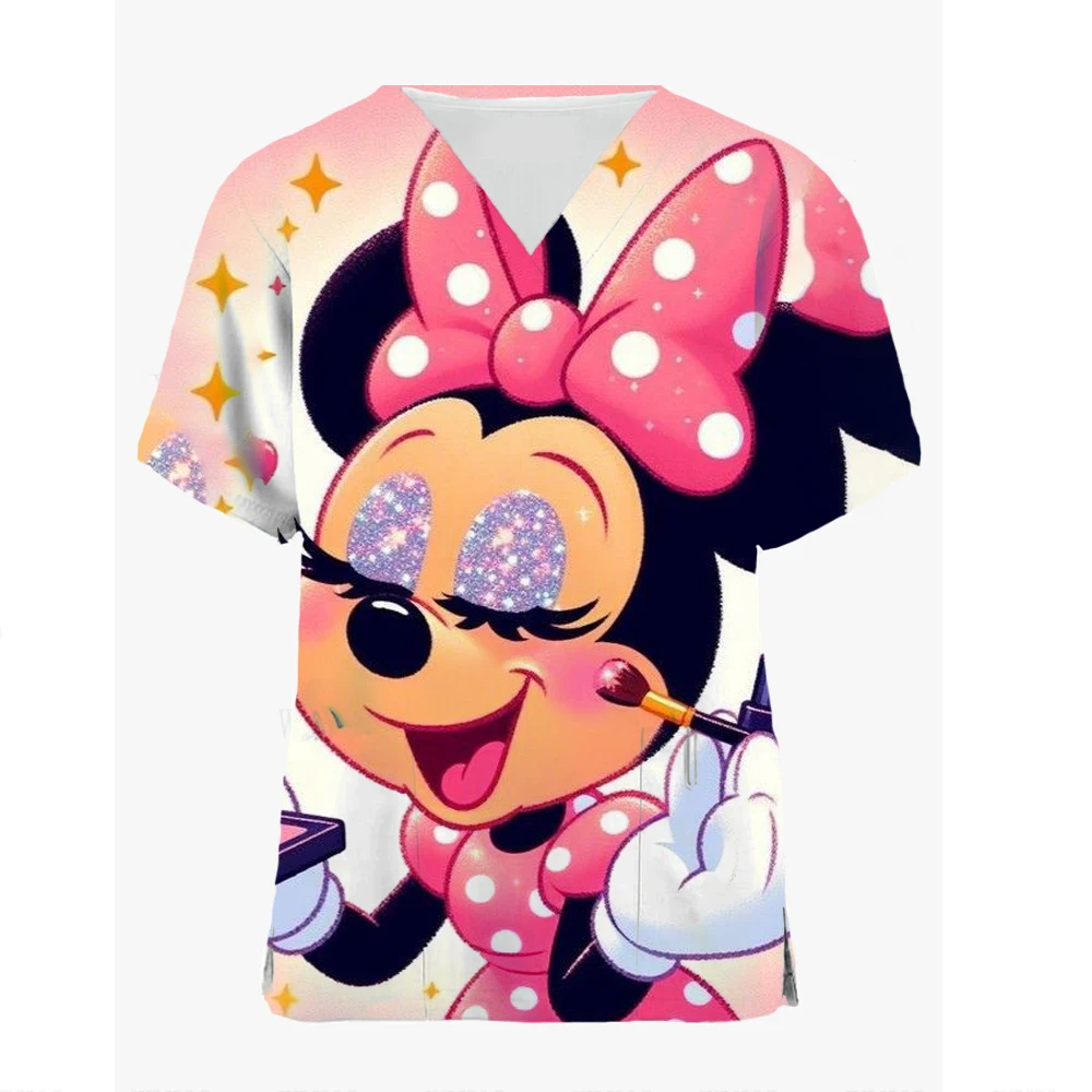 Disney-Camiseta Feminina Minnie Mouse, Top Mickey, Tops de Minnie Mouse, Uniforme Enfermeira, Roupas Mulher, Tees Bolso, Decote V, 2021