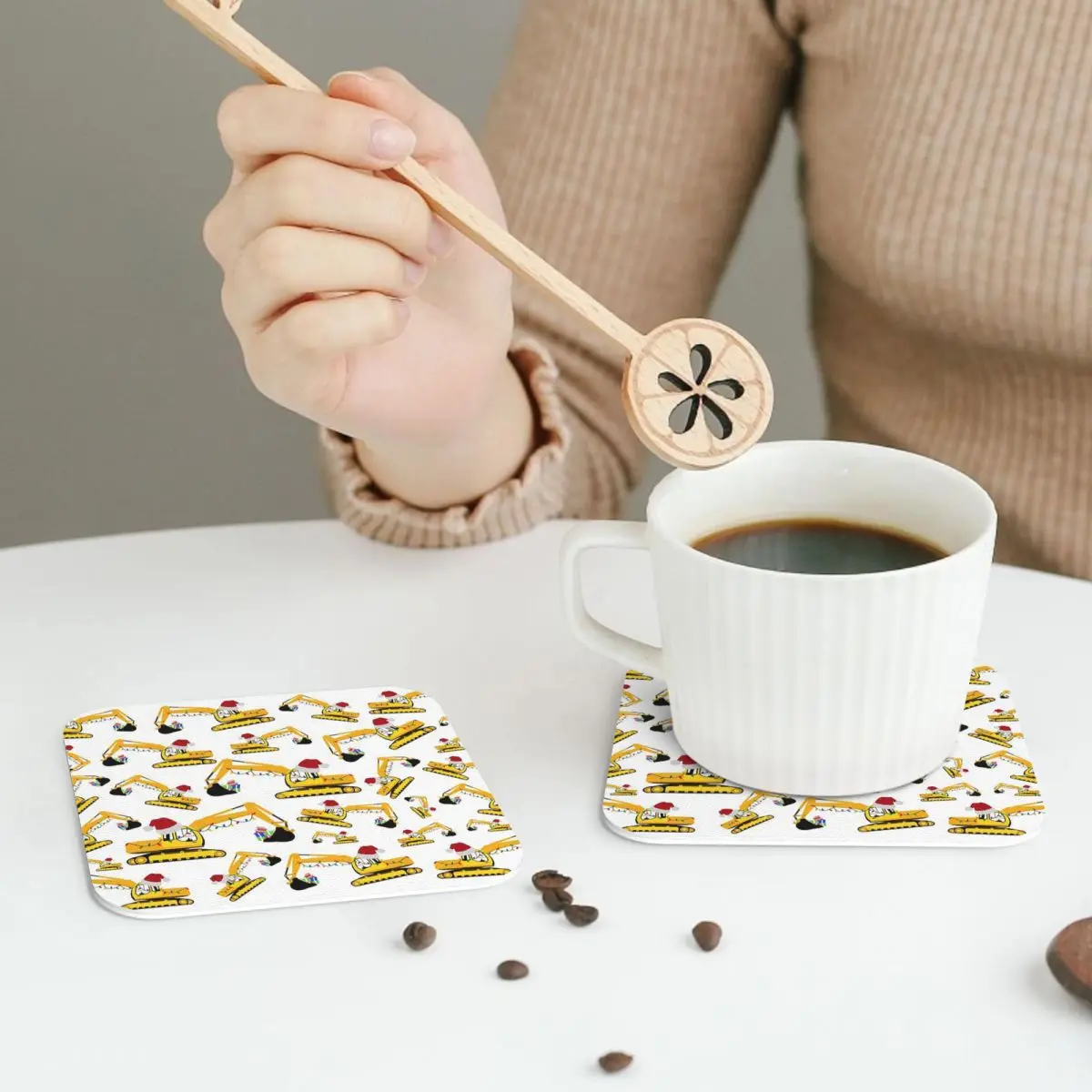 

Christmas Excavator Construction Truck Coasters Leather Placemats Insulation Coffee Mats For Home Kitchen Dining Pads Set of 4