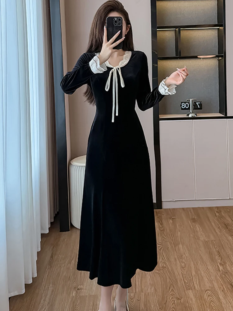 

Autumn Winter Black Velvet Chic White Bow Lace V-Neck Long Dress Women Vintage Hepburn Prom Dresses 2025 Korean Elegant Vestidos