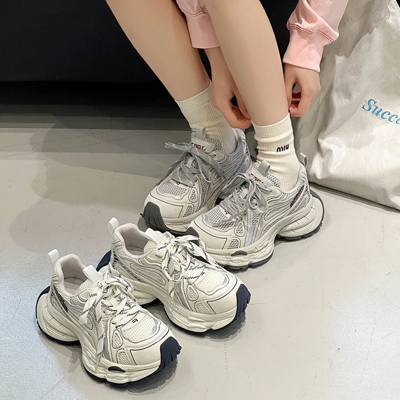 

Women's Genuine Leather Chunky Platform Dad Shoes Colorblock Breathable Lightweight Non Slip Casual Sport Sneakers Spring 2026
