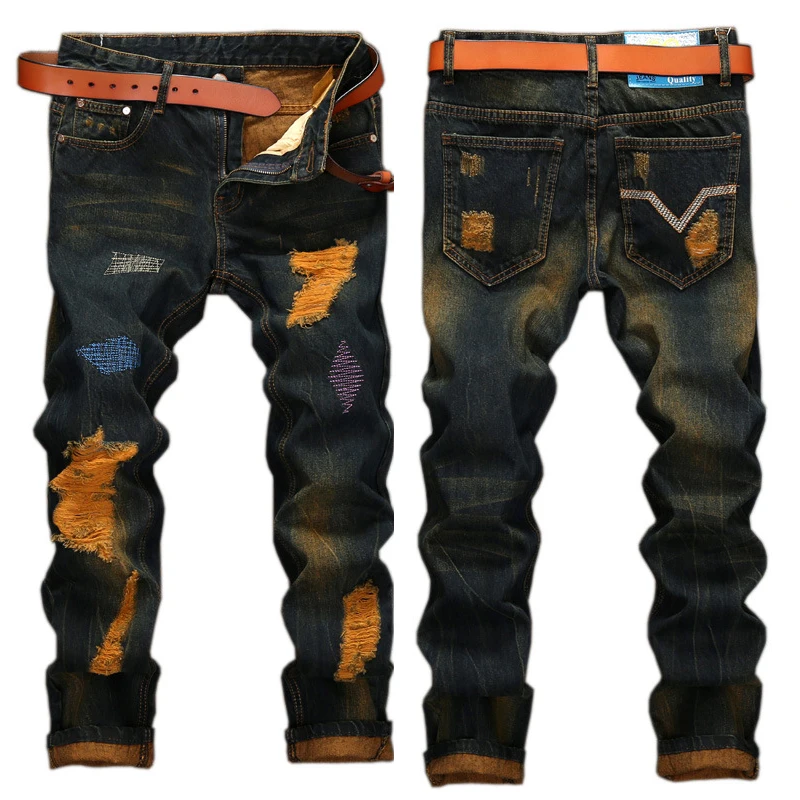 Men's Ruined Denim Jeans Hole Trousers Ripped Large Size Straight Hip Hop High Street Brand Fashion Male Pants