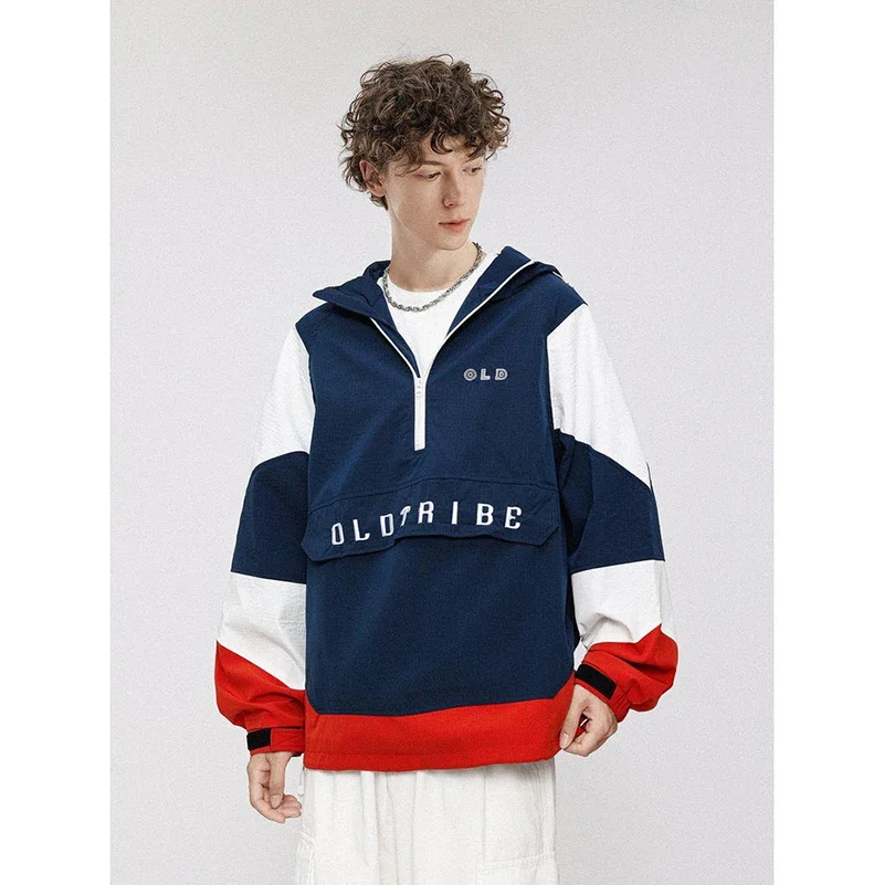 Aelfric Eden Patchwork Half Zip Up Hoodie Men Japanese Vintage Oversize Coat Jacket Streetwear Casual Zipper Hooded Jacket Tops