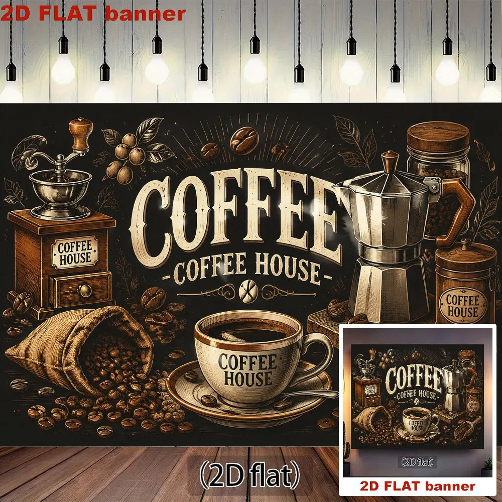 1 bannière plate 2D - Une bannière en polyester durable avec des éléments sur le thème du café.