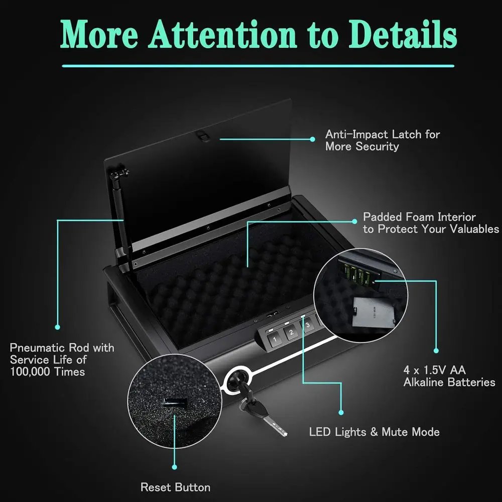 Biometric Fingerprint, Password & Backup Key Quick Access Gun Safe, Heavy Duty Steel, Holds 2 Pistols, Auto-Opening Lid, DOJ App