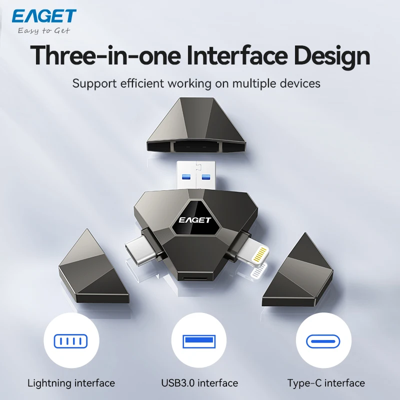 Eaget 3 in 1 USB Flash Drive USB Type C MFi Lighting to USB 3.2 Pendrive USB Memories Stick for IPhone Android PC Phones Laptops