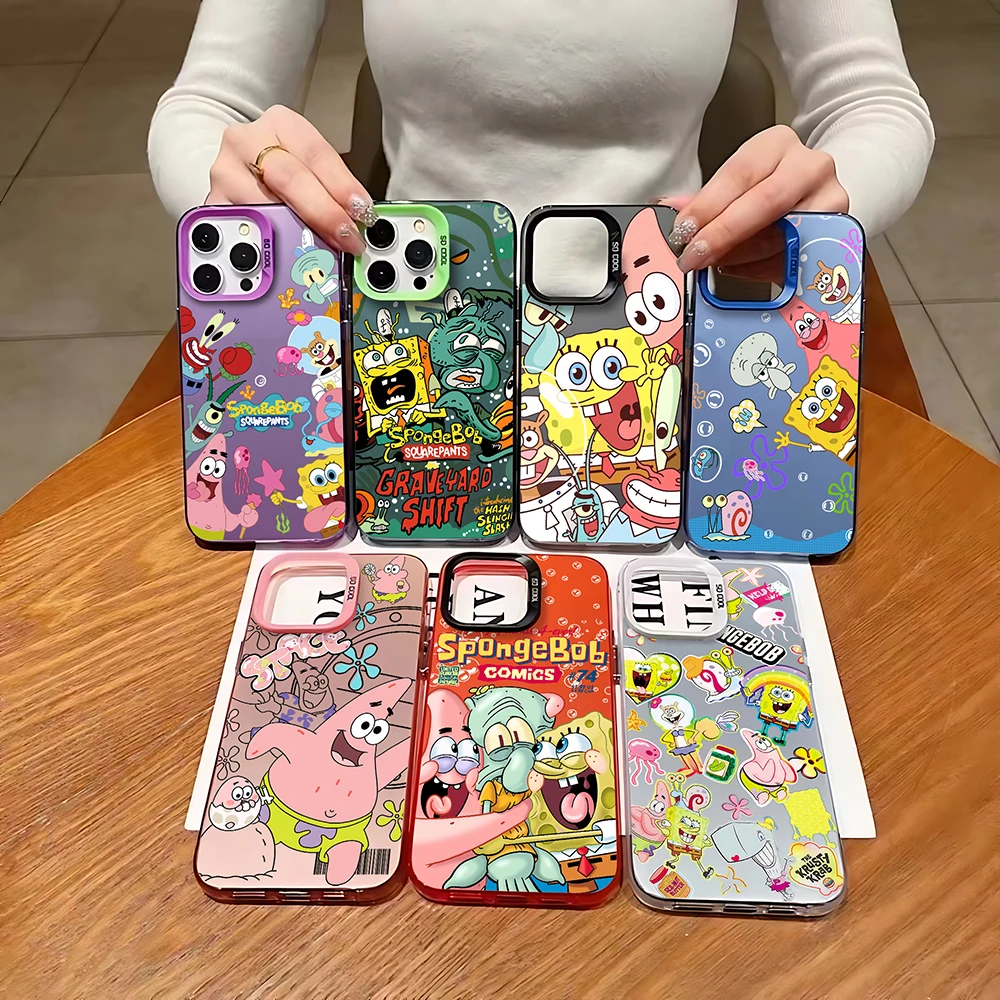 Cartoon S-SpongeBobs Cute For iPhone 16 15 14 13 12 11 ProMax XS Max XR 7 8 Plus Phone Case Shockproof Soft Silicone Back Covers