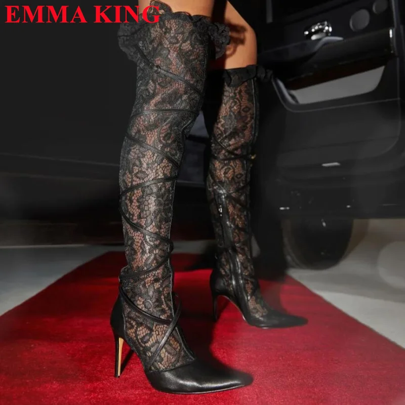 

Sexy Women Black Lace Cross-tied Over The Knee Boots Pointed Toe Stiletto Thigh High Boots Fashion High Heels Party Shoes 2023