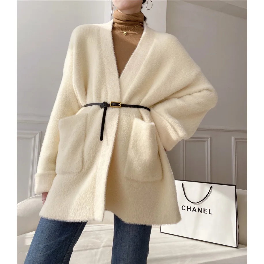 

Women Knitted Faux Mink Fur Cardigan Sweaters Solid Jumpers Pocket Belt V Neck Long Sleeves Loose Thick Office Lady 2025 Autumn
