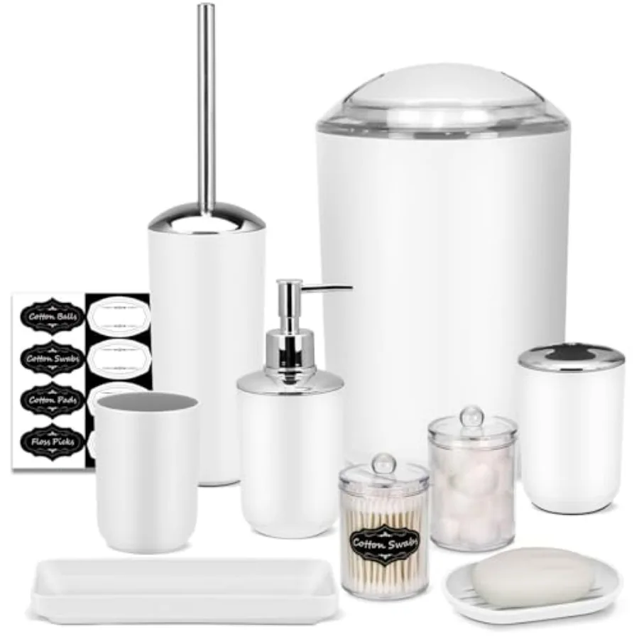 

White 9-Piece Bathroom Set with Tray Soap Dispenser Toothbrush Holder Toothbrush Cup Soap Dish Toilet Brush Q-tip Holder Trash