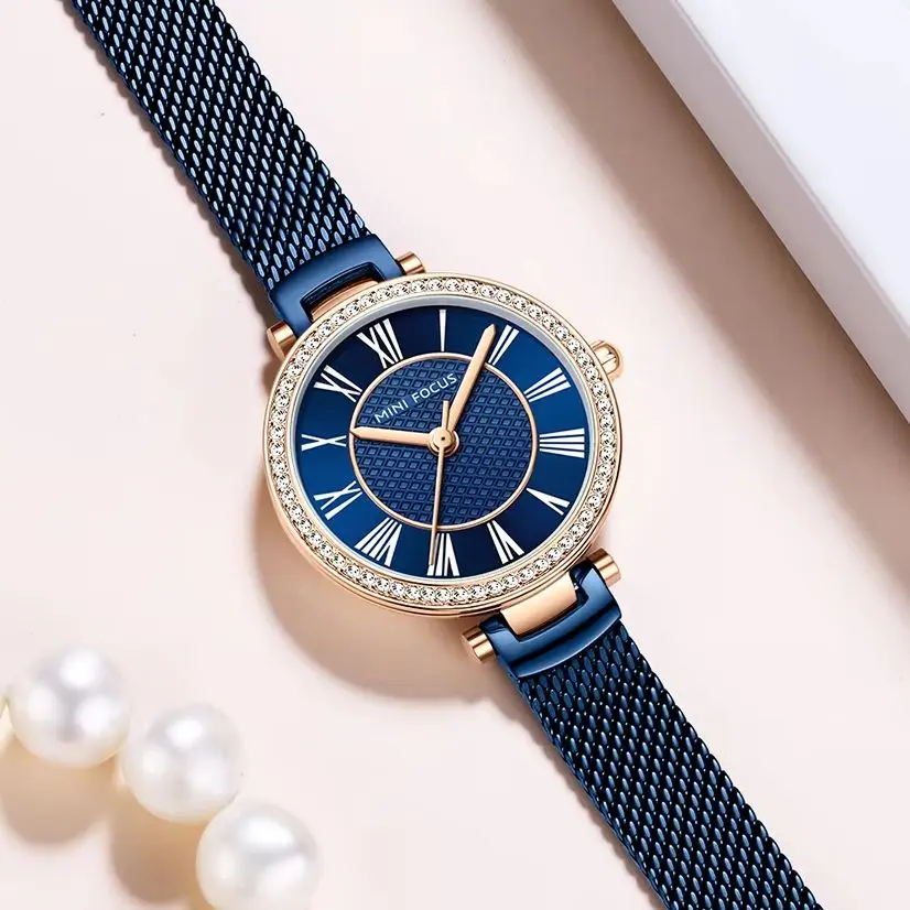 MINI FOCUS Ladies Watches Gold Mesh Belt Elegant Rhinestone Luxury Watch Waterproof Fashion Quartz Wrist watches montre 0424L