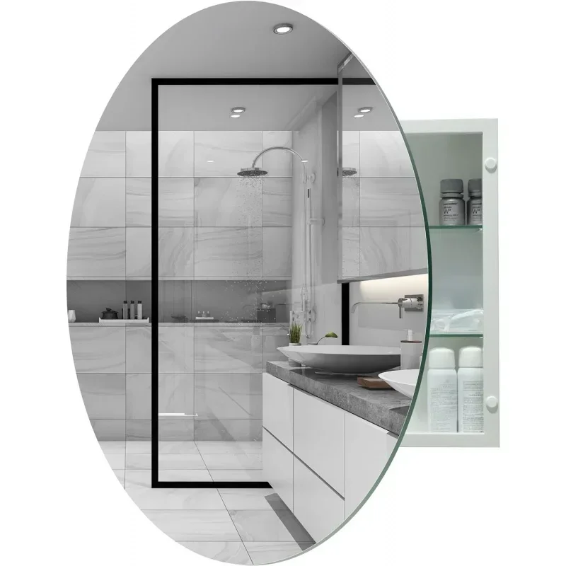 Round Bathroom Medicine Cabinet, 30 Inches Frameless Circle Mirror Cabinet Wall Mounted Cabinet with Surface Mount Installation