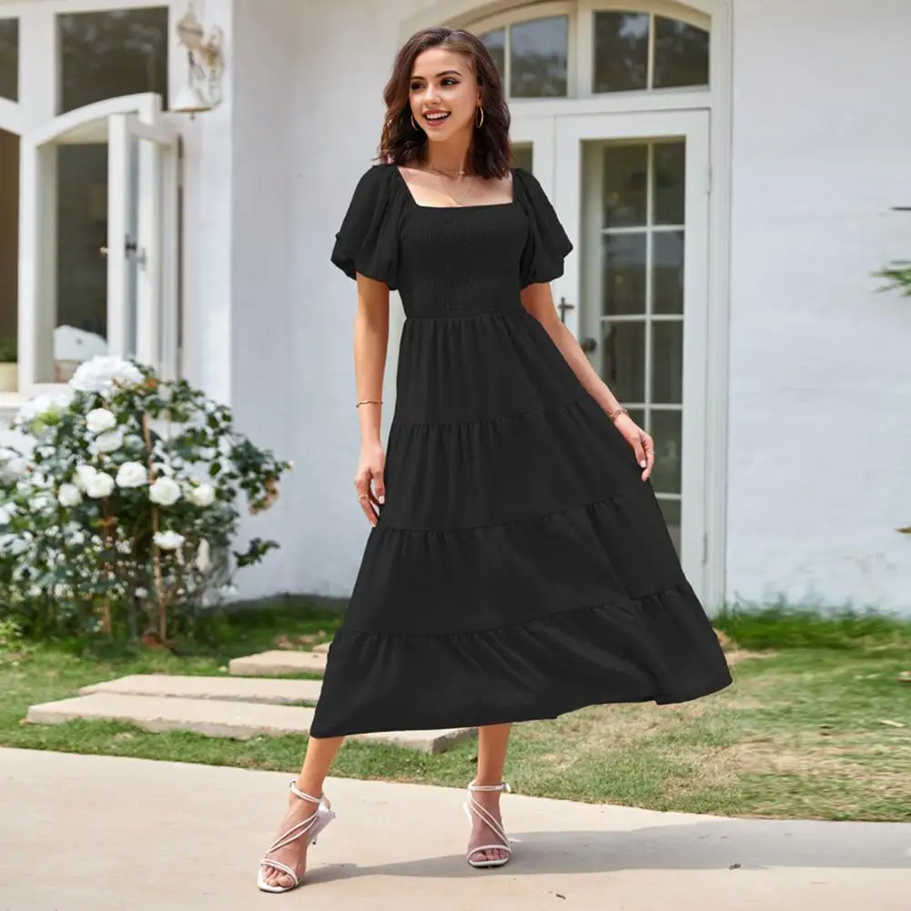 

Summer Women Dress Short Bubble Sleeve Square Neck Retro Dresses Pleated A-line Flared Hem Beach Dating Midi Dress vestidos