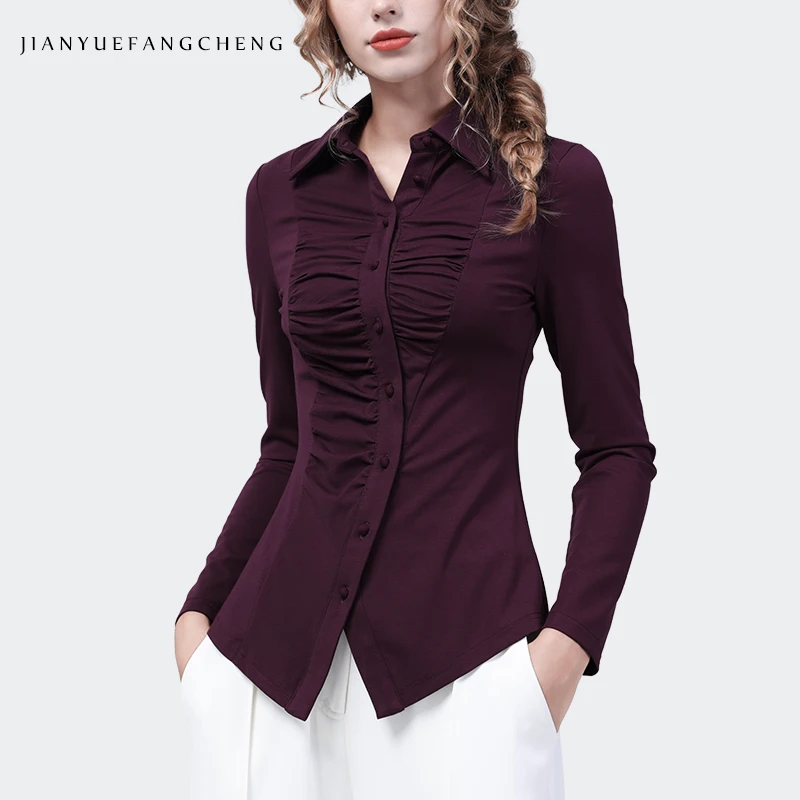 Sexy Skinny Women Long Sleeve Stretching Knitted Shirt Solid Color Pleated Turn-down Collar Female Autumn Winter Bottoming Tops