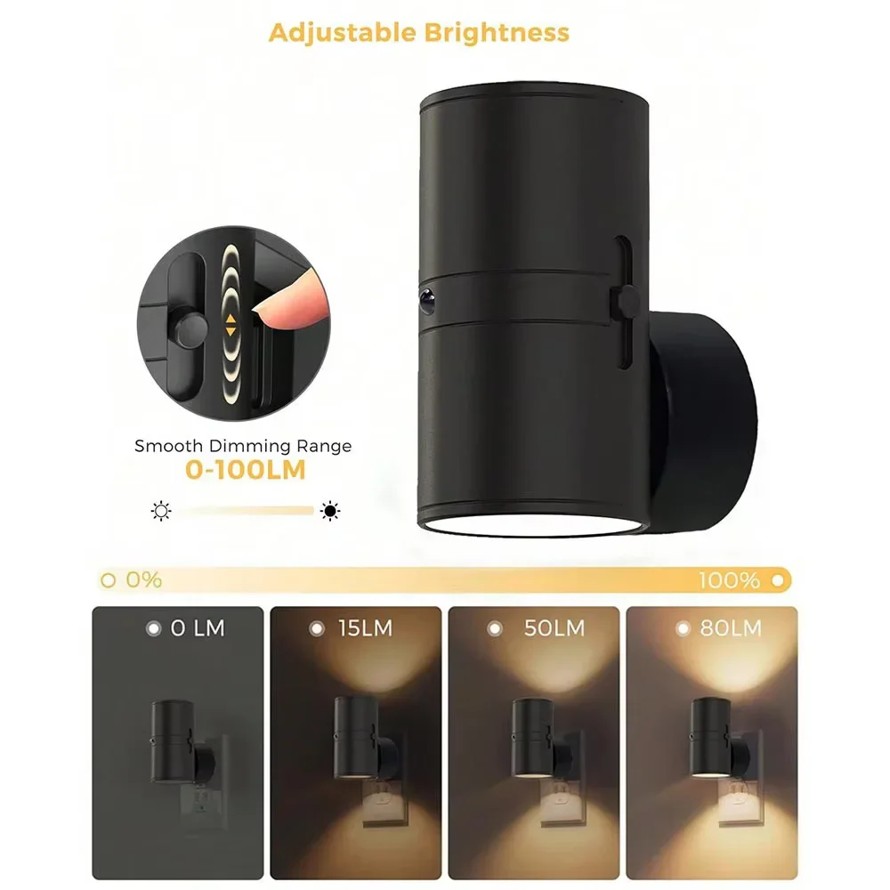 Cylindrical LED Night Light Plug in Modern Wall Lamp Sensor Adjustable Brightness Dimmable Night Lights for Hallway Bedroom