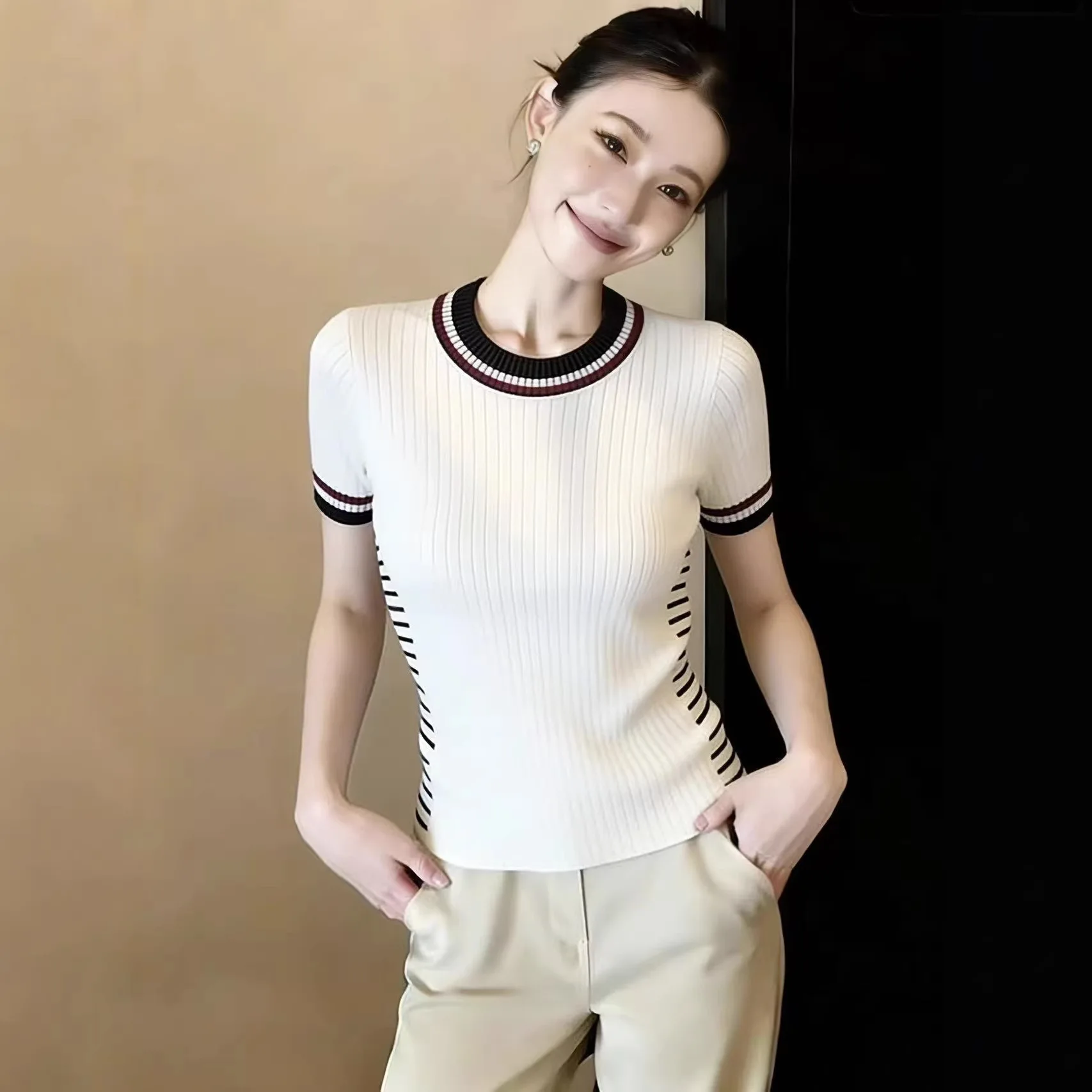 Spring and Summer 2026 New Temperament High-end Shoulder Knitted Short-sleeved T-shirt Waist Thin and Good-looking Striped Top