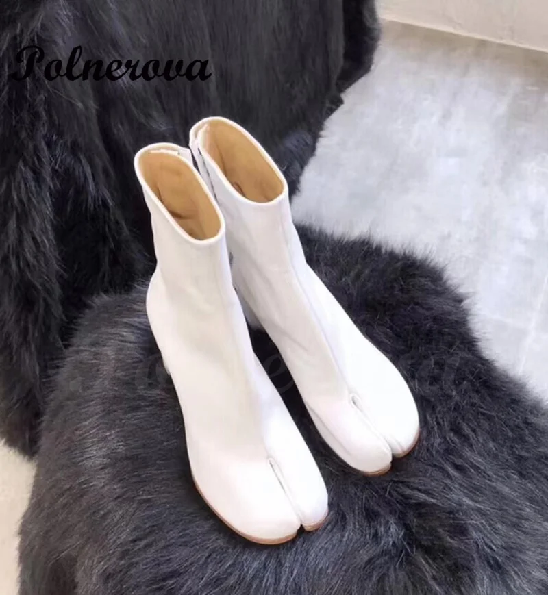 White Split-Toe High-Heeled Ankle Boots Women's Horseshoe Heel Black Leather Ankle Boots Pig's Feet Mid-Tube Sequined Boots