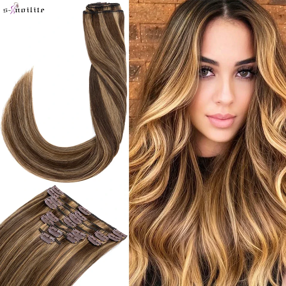 

S-noilite 8Pcs/Set Clip-In Hair Extensions Full Head Natural Human Hair Clip in Hairpiece for Quick Hair Length Volume Change