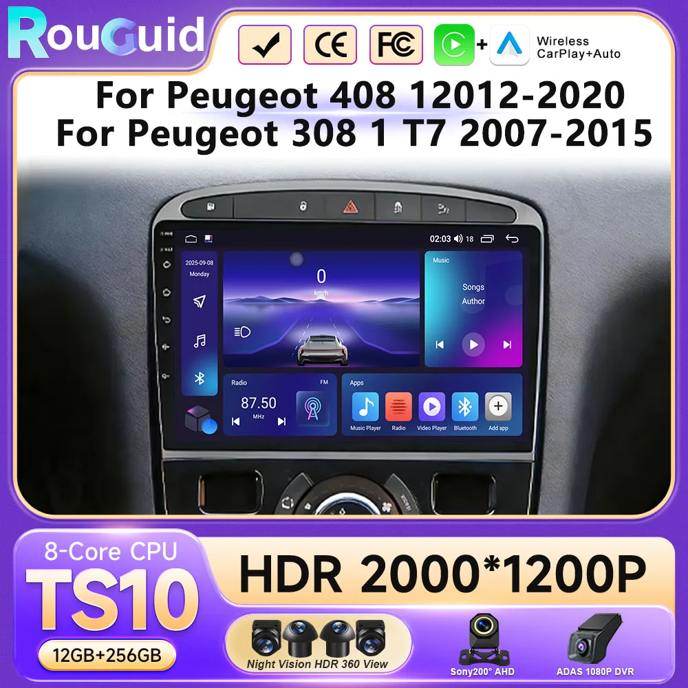 Android 16 Carplay Auto para Peugeot 308 308SW 2007-2015 408 2012-2020 Radio de Coche GPS Reproductor Multimedia de Video Estéreo WIFI+4G DSP