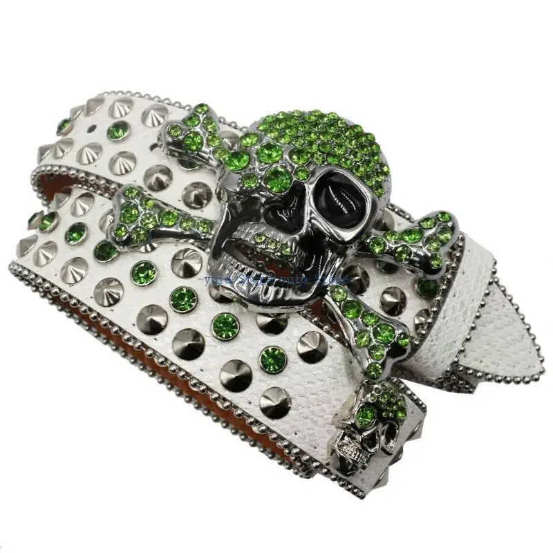 

X7XB Western Rhinestones Skull Buckle Belt for Jeans Pants Women Men Unisex Punk Belt