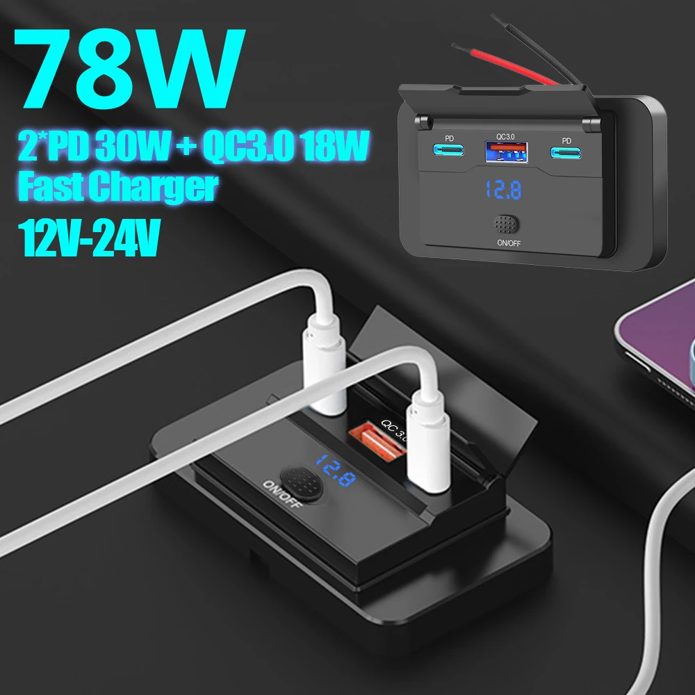 3 Ports PD+QC3.0 Double USB C Outlet Fast Charging Type C Phone Charger Socket Panel With Switch Voltmeter For Car Truck Marine