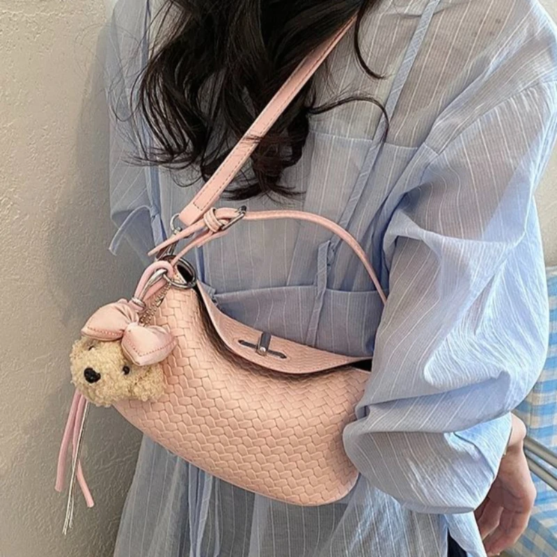 

Simple Japanese Fashion Spring Summer Knit Cute Bear Large-capacity Messenger Bag Shoulder Bags Cosmetic Storage Bags Woaman Bag